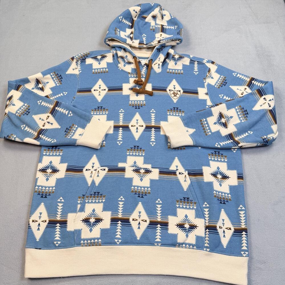 Ariat Hoodie Womens XL Blue Aztec Western Fleece Pullover Kangaroo Pocket